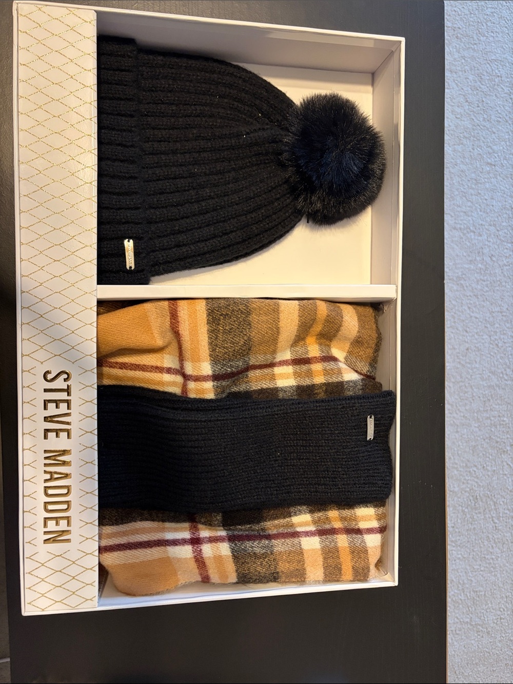 Steve Madden Black Pom Beanie with Tan Plaid Scarf Set